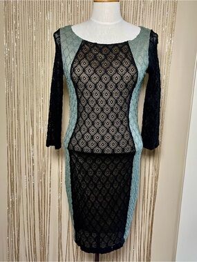 Bailey 44 Black Lace Bodycon Dress with Sage Side Panels Size M